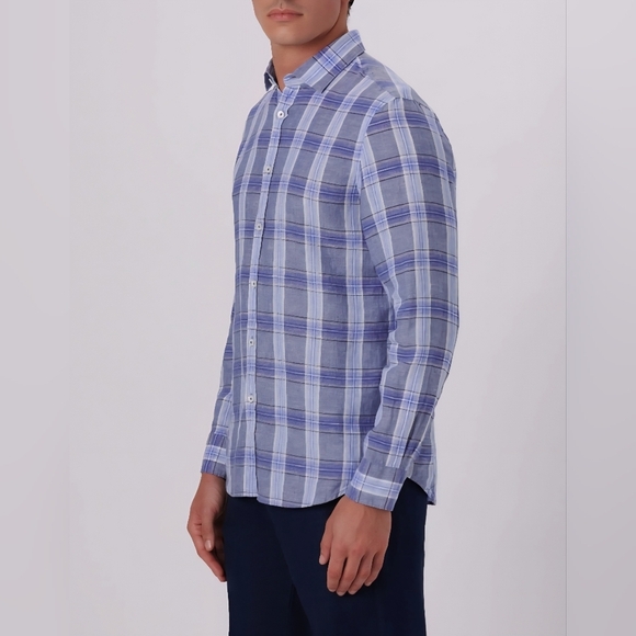 Bugatchi Julian Plaid Check Linen Shirt BS5276L4S Denim Blue Mens Sz Med - Picture 11 of 11